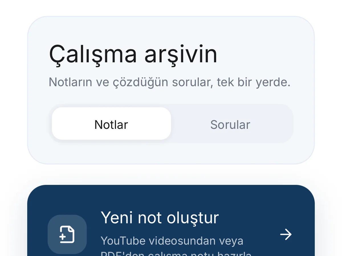 Ozard uygulamasında YouTube videosu veya PDF'den çalışma notu oluşturma ekranı