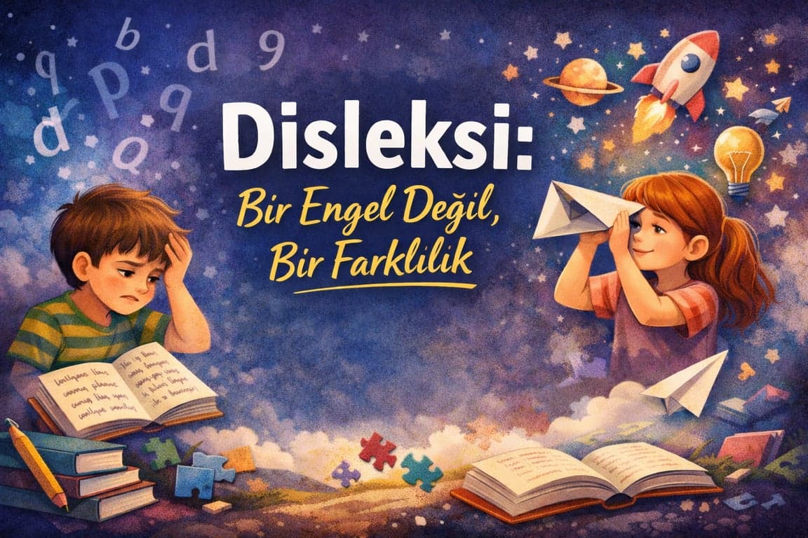 Disleksi temalı illüstrasyon; okuma güçlüğü yaşayan bir çocuk ve hayal gücüyle öğrenen bir çocuk, disleksinin bir engel değil öğrenme farklılığı olduğunu anlatıyor.