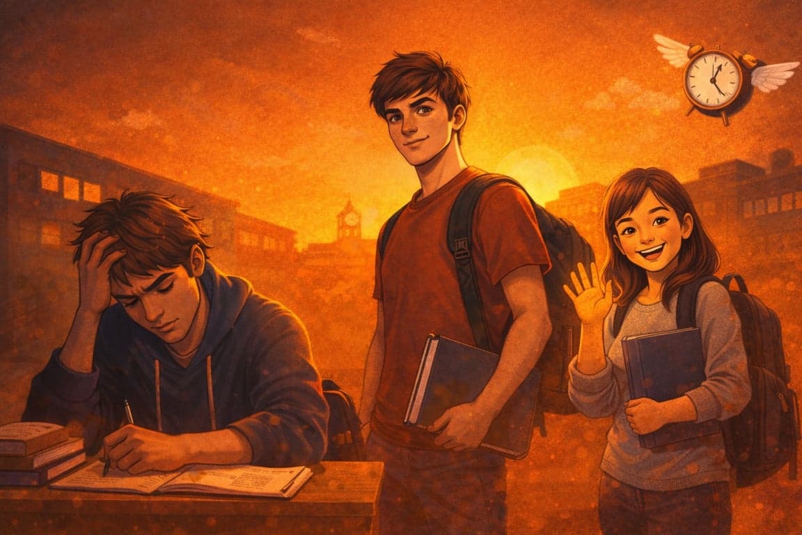 YKS sınavına hazırlanan lise öğrencilerinin farklı duygu durumlarını yansıtan, turuncu tonlarda modern ve gerçekçi blog kapak görseli.