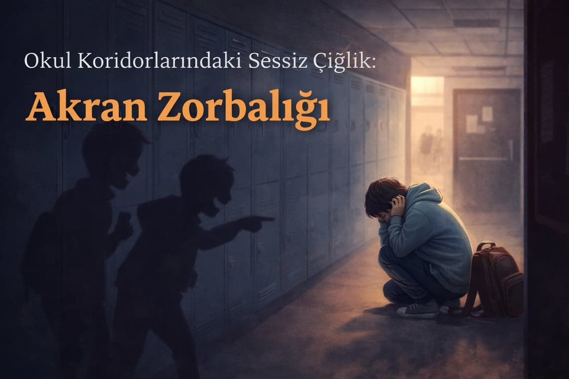 Okul koridorunda akran zorbalığına maruz kalan bir öğrencinin yalnızlığını ve psikolojik baskıyı anlatan illüstrasyon.