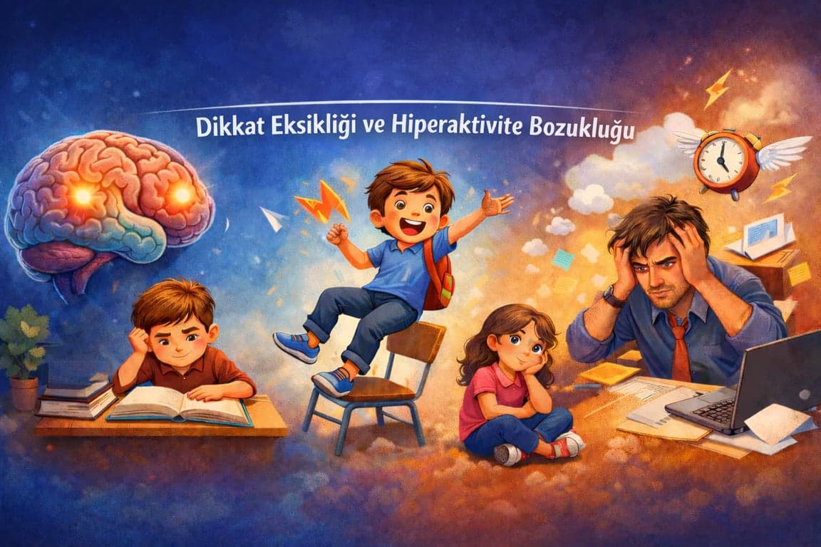 Dikkat Eksikliği ve Hiperaktivite Bozukluğu (DEHB) yaşayan çocuk ve yetişkinleri betimleyen, odaklanma sorunu, hiperaktivite ve duygusal zorlanmaları görsel olarak anlatan 16:9 illüstrasyon.