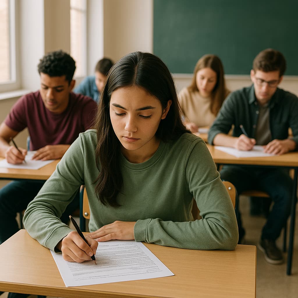 a women taking a test with the whole class